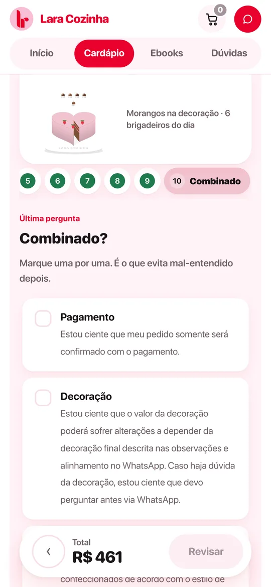 O pedido montado, com o total já fechado